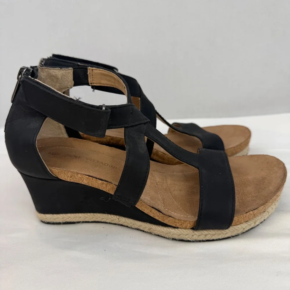 Adrienne Vittadini Thurston Black Strappy Espadrille Wedge Sandals Womens 7.5M